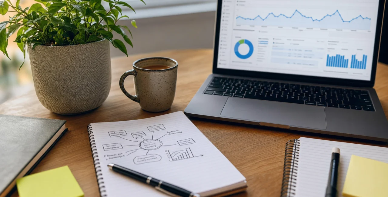 Illustration zum Artikel Inhouse SEO Berater, Abschnitt 2: Pflanze im Topf, Notizzettel mit SEO-Strategie, Laptop mit Analytics-Ansicht, Stift, Kaffeetasse