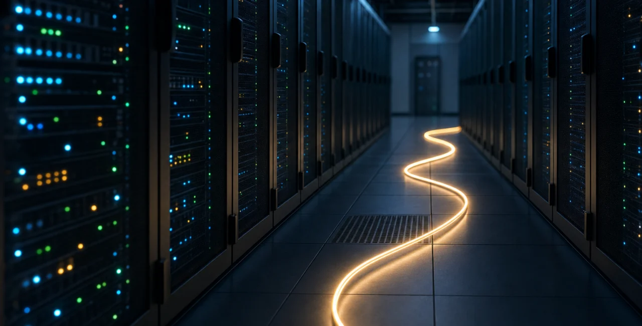 Illustration zum Artikel Strategische IT-Beratung und Projektmanagement, Abschnitt 3: moderner Serverraum, leuchtendes Kabel, dunkle Umgebung, Netzwerktechnik