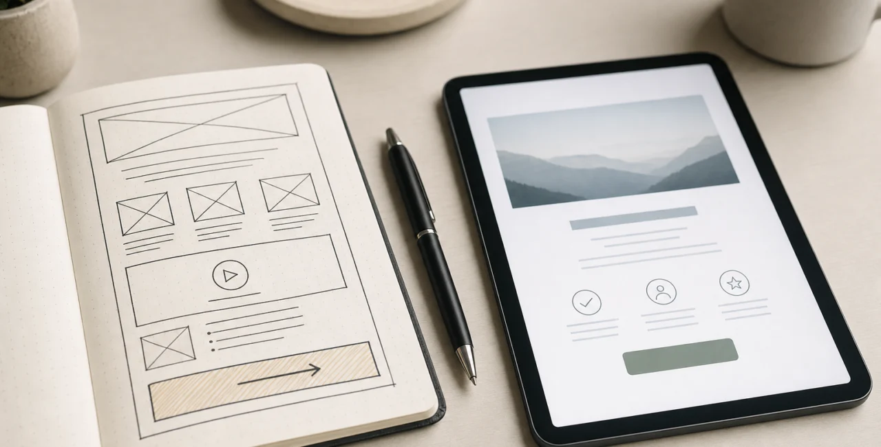 Illustration zum Artikel Landingpages, Abschnitt 2: Notizbuch mit Landingpage-Skizze, schwarzer Kugelschreiber, Tablet mit schlichter Landingpage-Darstellung, heller Schreibtisch