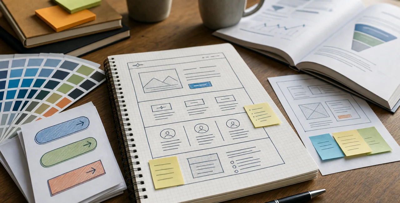 Illustration zum Artikel Landingpages, Abschnitt 3: Schreibtisch, Notizblock mit Landingpage-Plan, Farbmuster, Skizzen von Buttons, Buch über Conversion, Stift