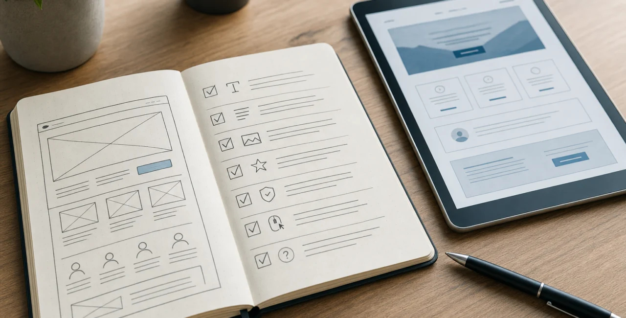 Illustration zum Artikel Landingpages, Abschnitt 1: Notizbuch mit Landingpage-Skizzen, Stift, Tablet mit Wireframe, Holzschreibtisch