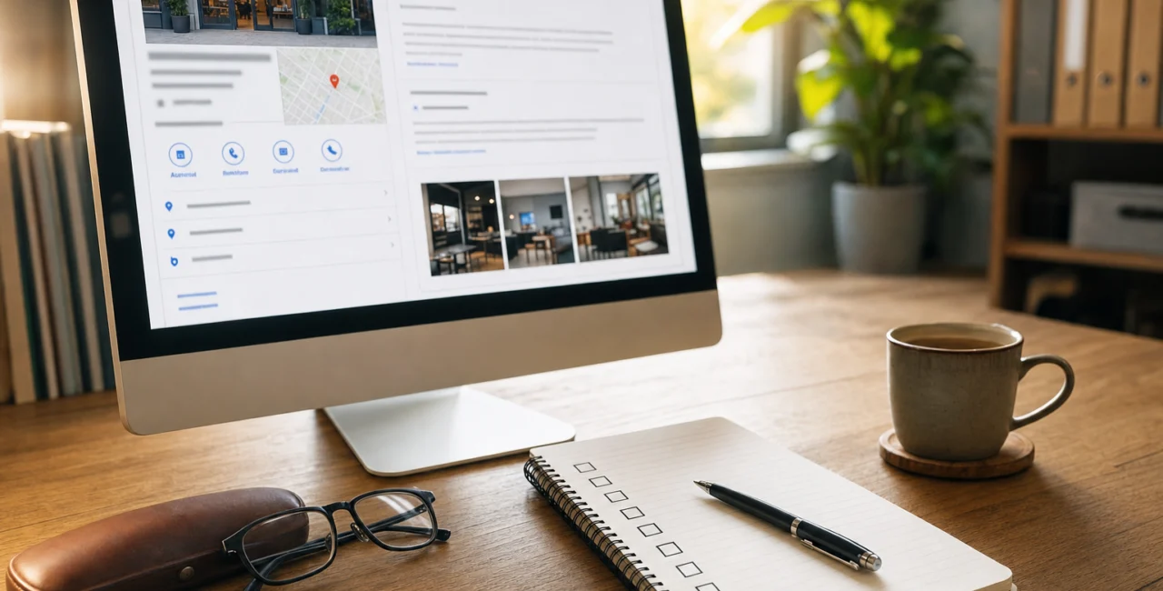 Illustration zum Artikel Lokale SEO, Abschnitt 2: Computerbildschirm mit Google Profil Ansicht,Kugelschreiber,Handschriftliche Checkliste,Brillenetui,Kaffeetasse