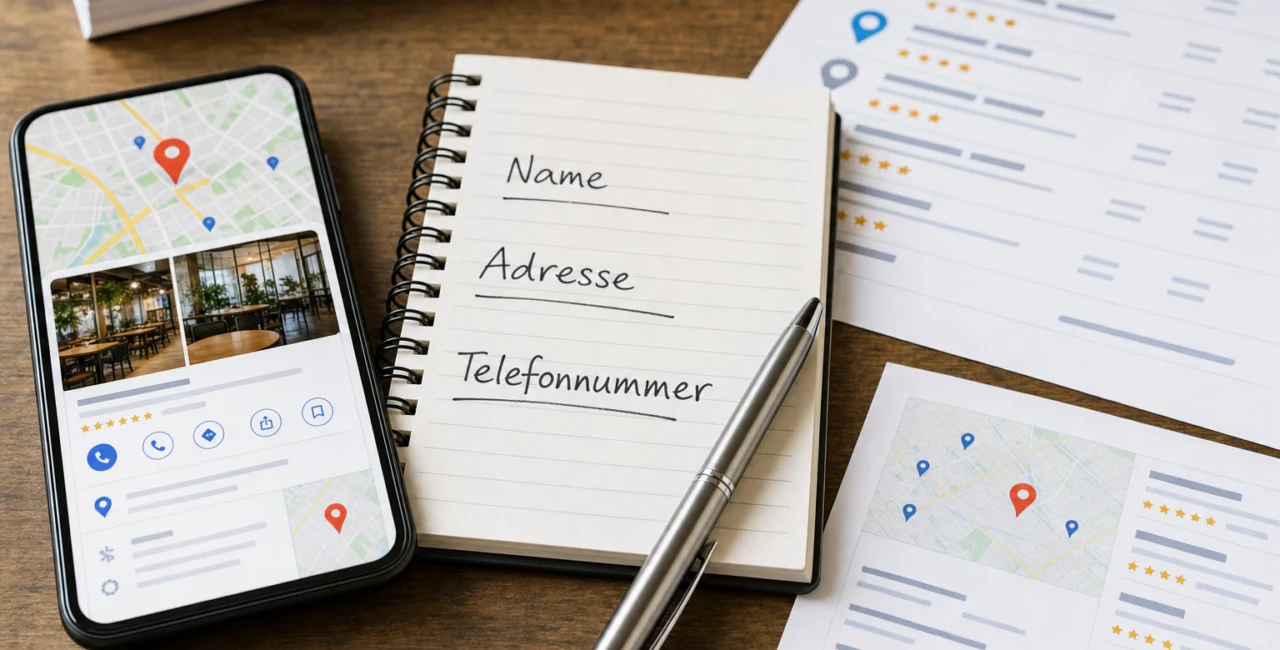 Illustration zum Artikel Lokale SEO, Abschnitt 1: Smartphone mit Google Maps, Notizblock mit NAP-Daten, Stift, Ausdrucke Verzeichniseinträge