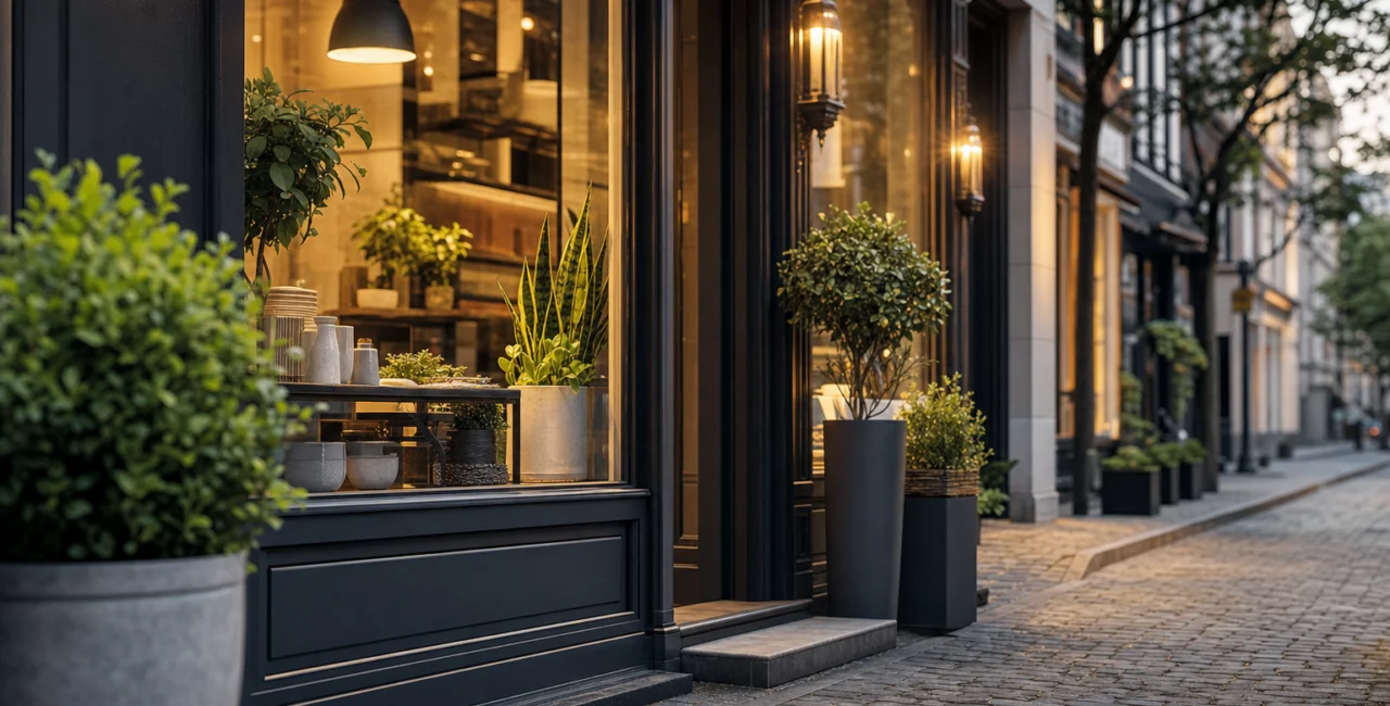 Illustration zum Artikel Lokale SEO, Abschnitt 3: Schaufenster mit Licht, Straßenpflaster, subtile Stadtgestaltung