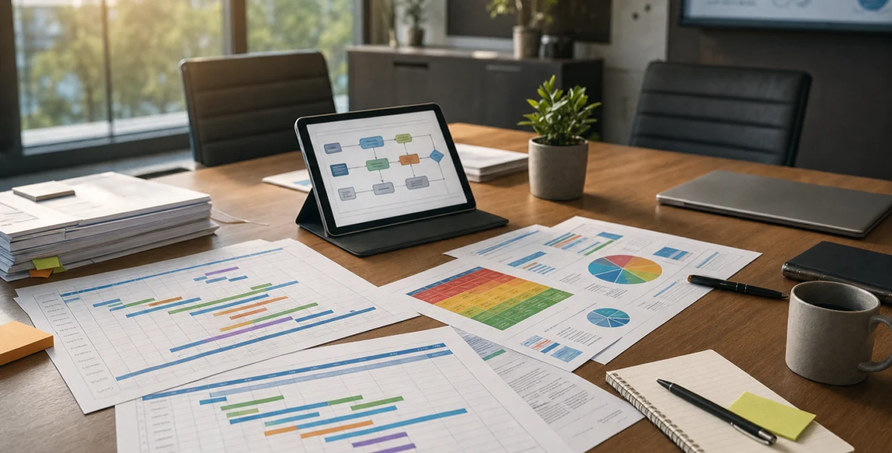Illustration zum Artikel Strategische IT-Beratung und Projektmanagement, Abschnitt 1: Projektpläne, Zeitachsen-Dokumente, Tablet mit Workflow-Skizze, Risiko-Diagramme, Besprechungstisch