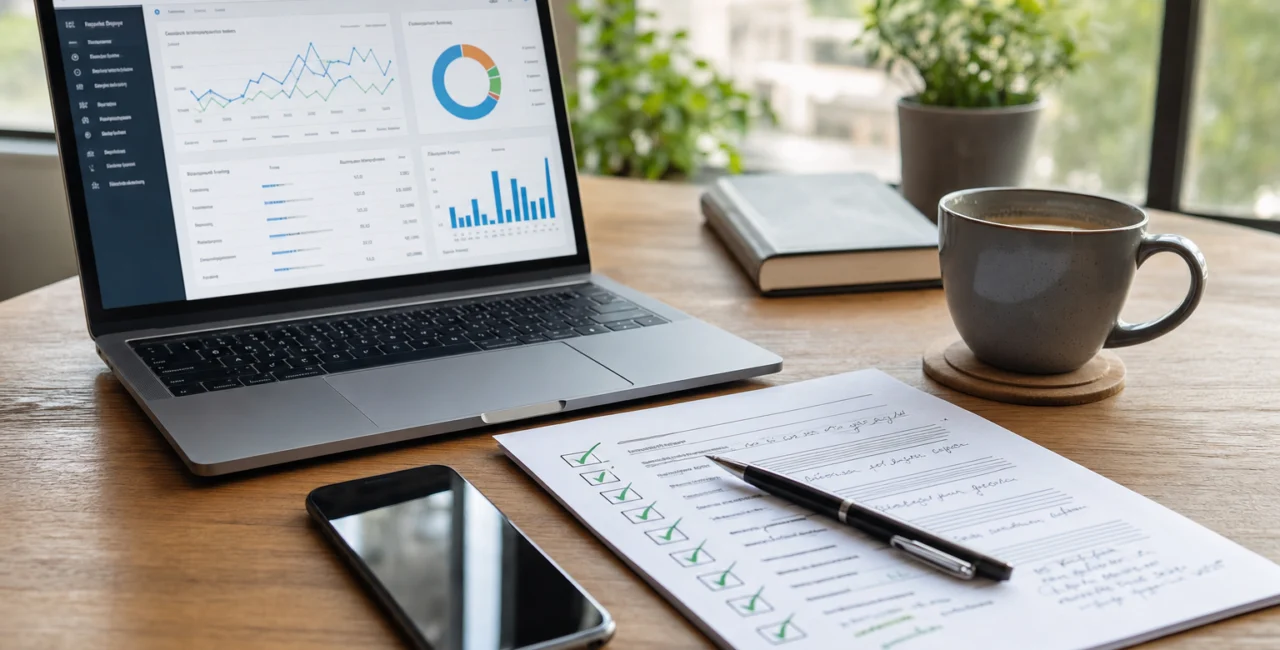Illustration zum Artikel SEO Köln, Abschnitt 1: Laptop mit Website Analyse, SEO Checkliste, Smartphone, Kaffeetasse