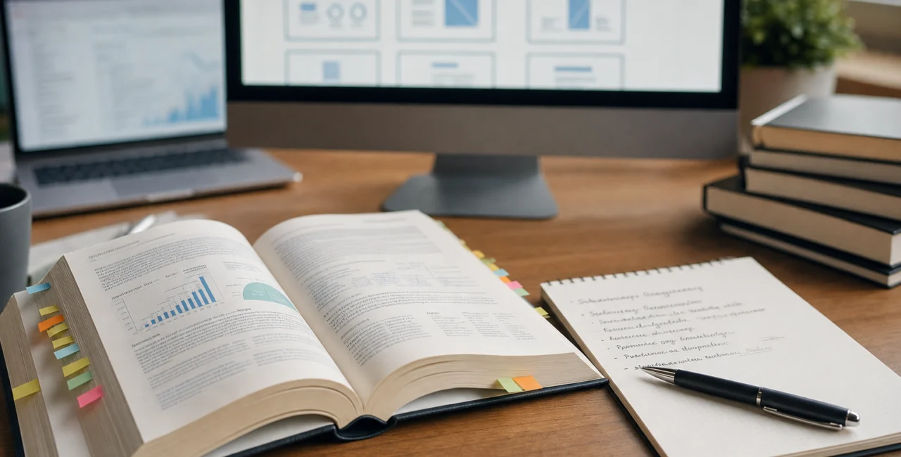 Illustration zum Artikel Inhouse SEO Berater, Abschnitt 3: aufgeklapptes Buch SEO, Notizblock mit Stichpunkten, Kugelschreiber, moderner Monitor, Laptop unauffällig im