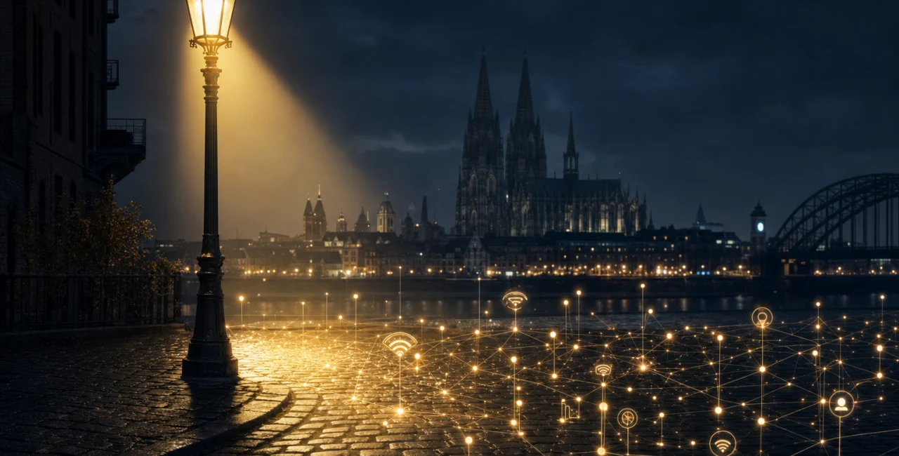 Illustration zum Artikel SEO Köln, Abschnitt 4: Straßenlaterne, Schatten von Kölner Gebäuden, digitale Lichtpunkte, Netzwerksignale
