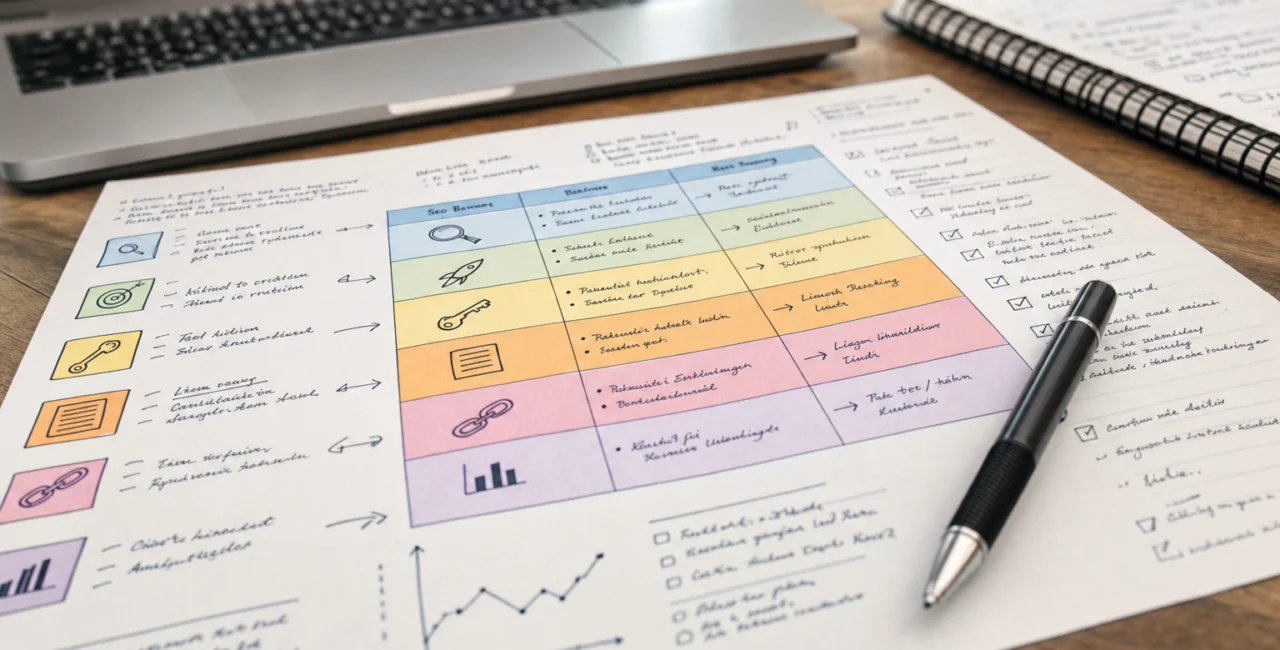 Illustration zum Artikel SEO Beratung, Abschnitt 1: Papier mit SEO-Plan, bunte SEO-Tabelle, Kugelschreiber, Laptop unscharf