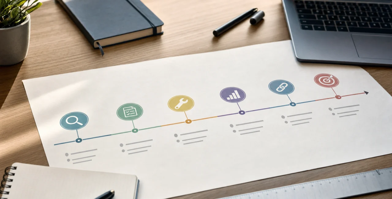 Illustration zum Artikel SEO Beratung, Abschnitt 3: Papier mit Zeitstrahl, Marker, Lineal, Notizbuch, Laptop am Rand