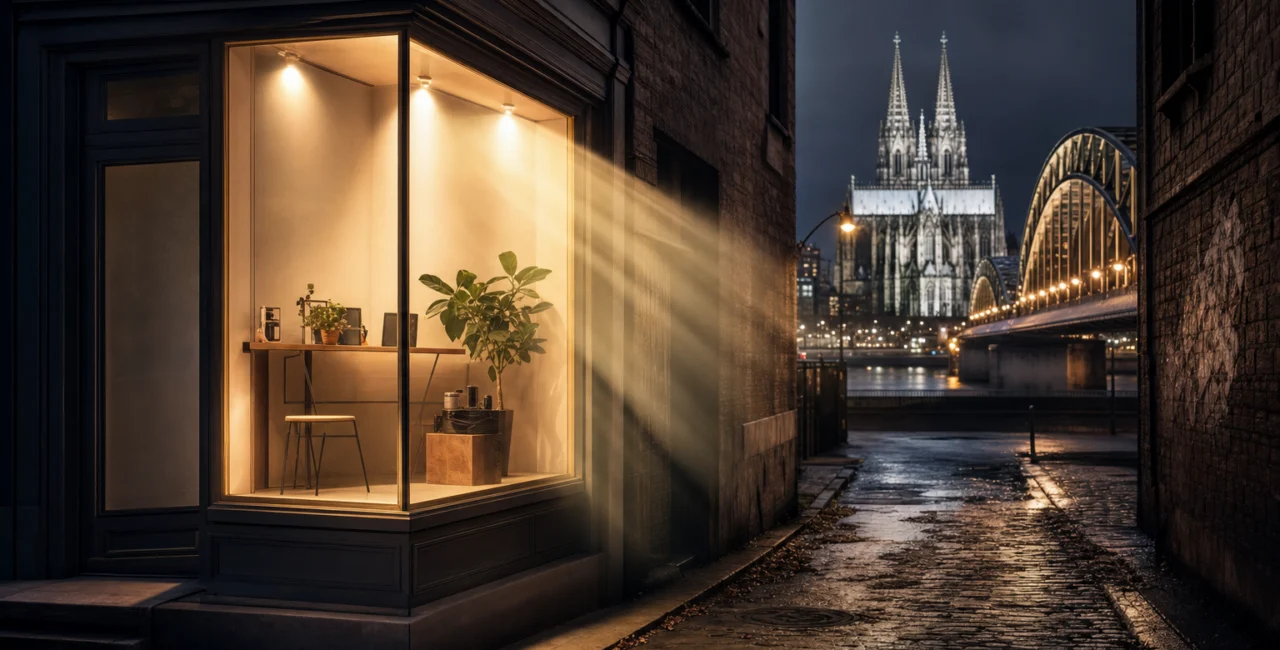 Illustration zum Artikel SEO Köln, Abschnitt 3: dunkle Gasse, hell erleuchtetes Schaufenster, stilisierte Lichteffekte, Umrisse Kölner Wahrzeichen (z. B.