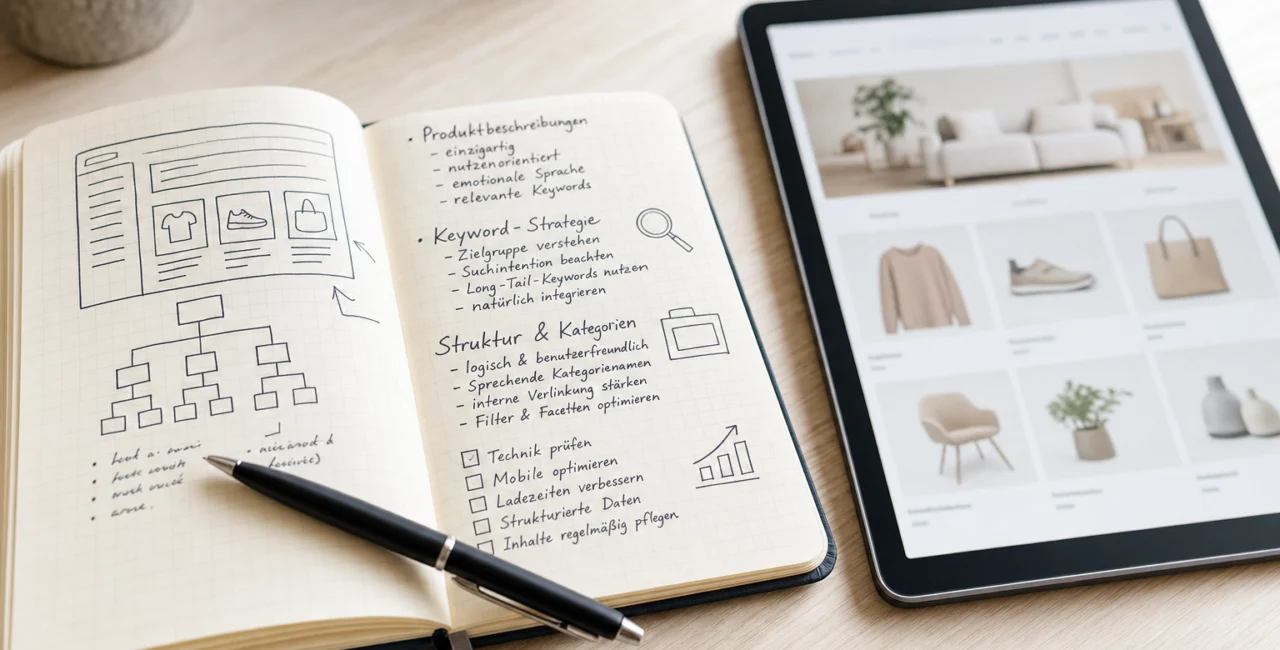Illustration zum Artikel SEO Online Shops, Abschnitt 1: Notizbuch, Tablet, Stift, heller Holztisch