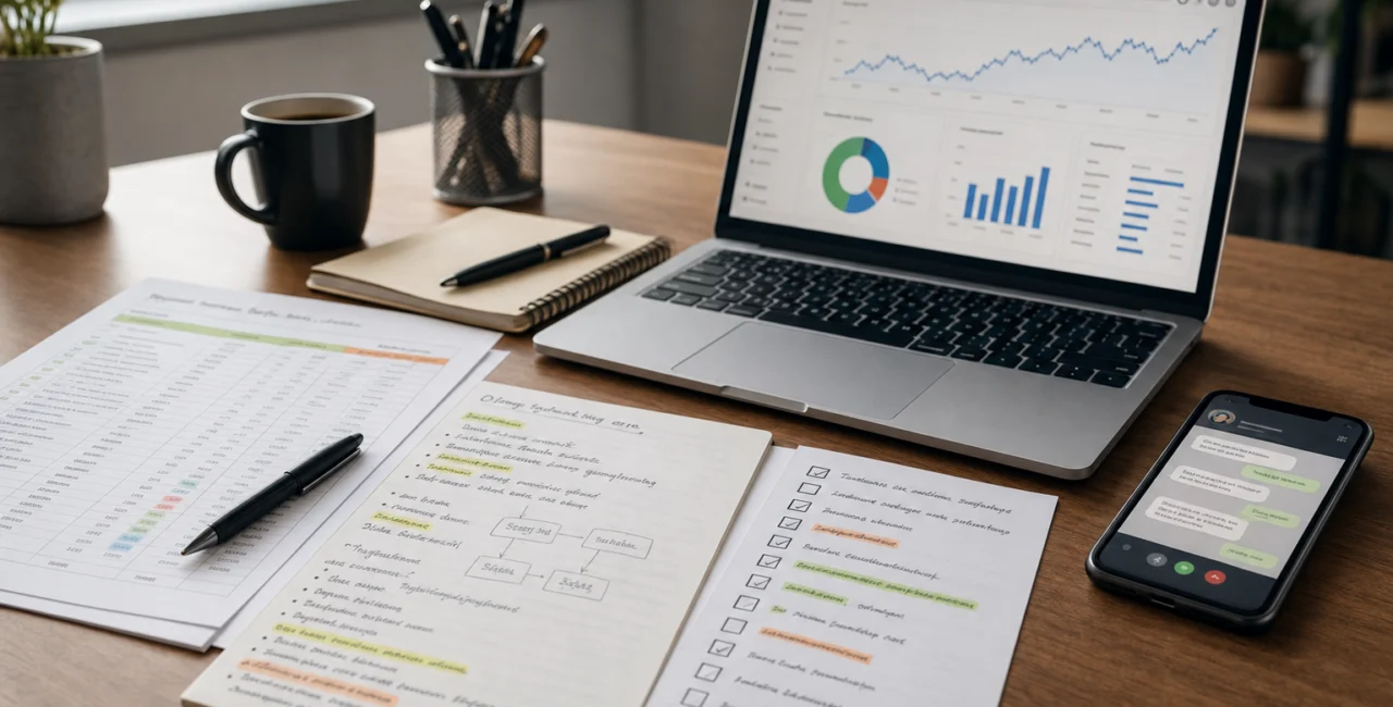 Illustration zum Artikel Inhouse SEO Berater, Abschnitt 1: Keyword Recherche Liste, Onpage Optimierungs-Notizen, technische SEO Checkliste, Laptop mit Diagramm, Smartphone