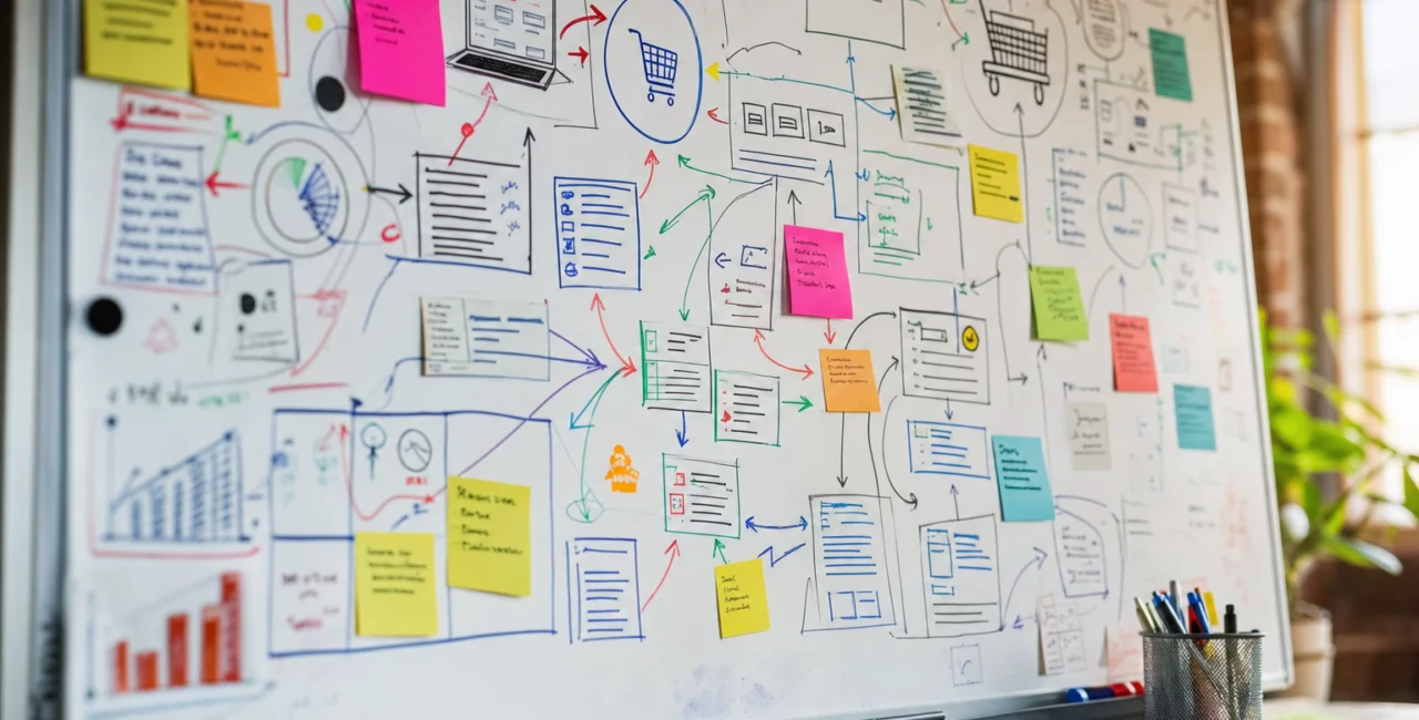 Illustration zum Artikel SEO Online Shops, Abschnitt 2: Whiteboard, bunte Marker, Post-its mit handschriftlichen Notizen, Diagramme, Klebezettel