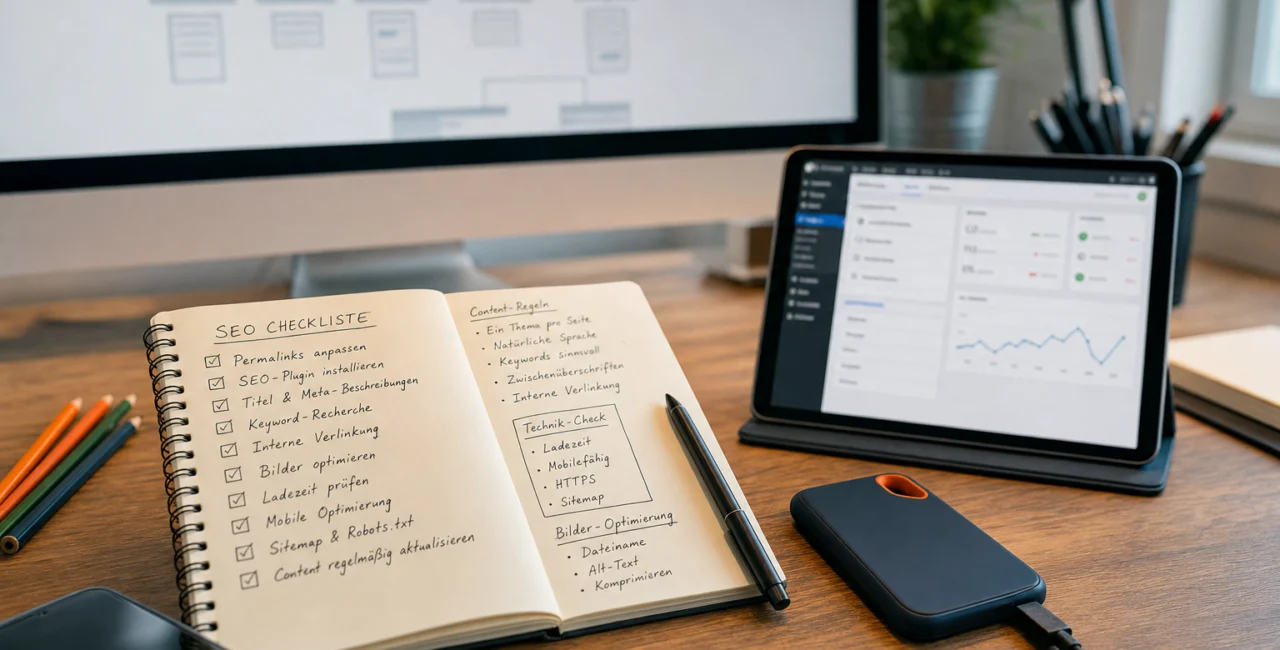 Illustration zum Artikel SEO für WordPress, Abschnitt 1: Notizblock mit SEO-Notizen, Tablet mit SEO-Plugin-Dashboard, externer SSD-Speicher, Farbstifte, Smartphone, moderner Monitor