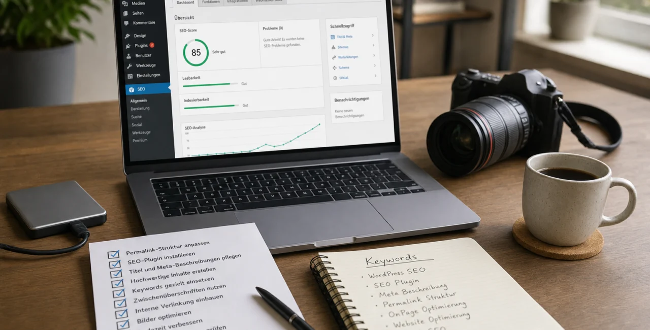 Illustration zum Artikel SEO für WordPress, Abschnitt 1: Laptop mit WordPress Dashboard, gedruckte SEO Checkliste, Kamera, Notizbuch mit Keyword-Notizen, Tasse