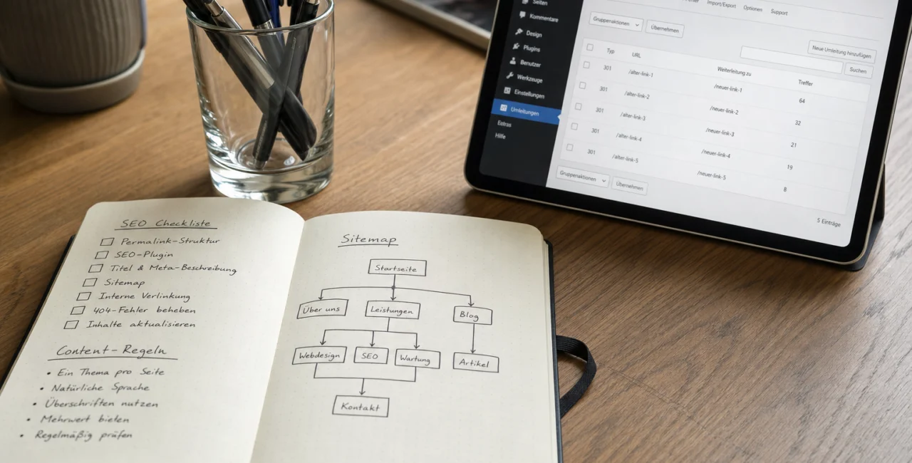 Illustration zum Artikel SEO für WordPress, Abschnitt 2: Notizbuch mit handschriftlichen SEO-Notizen, grobe Sitemap-Skizze, Tablet mit WordPress Plugin-Ansicht, Glas mit