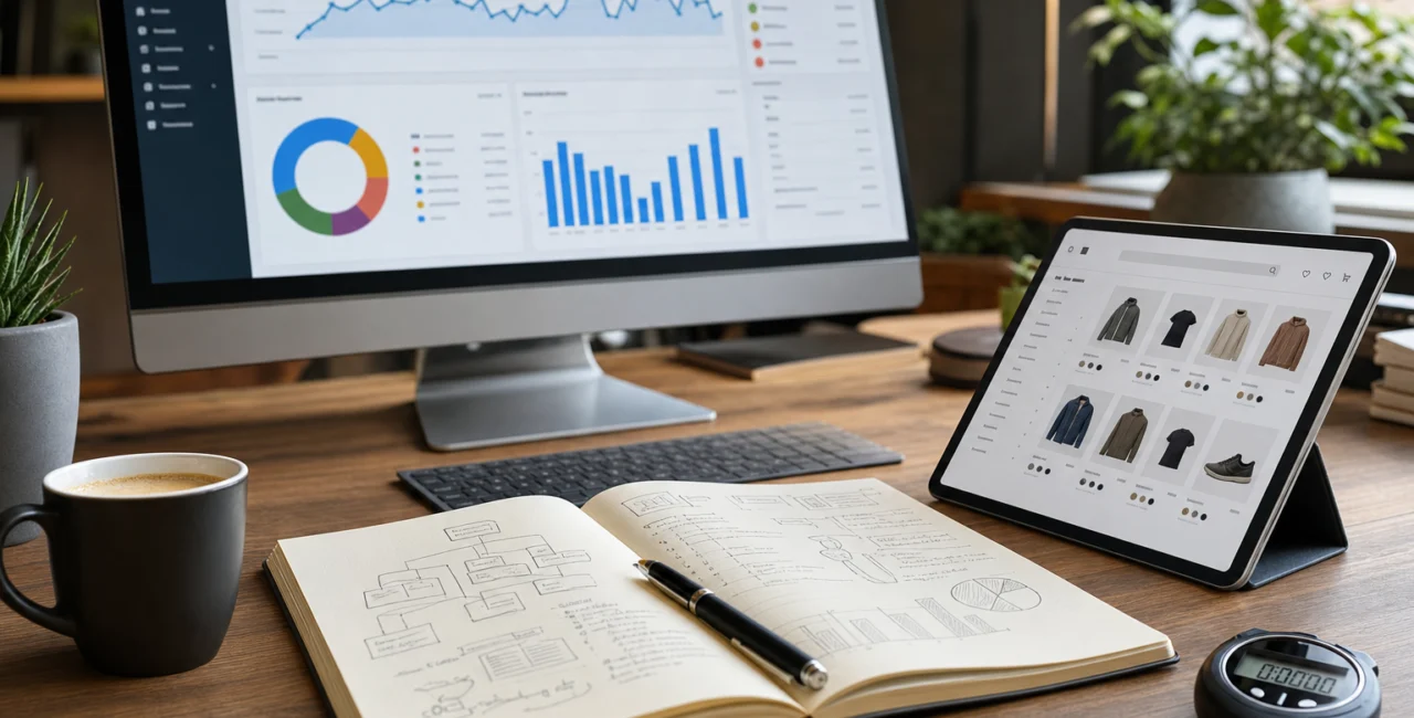 Illustration zum Artikel SEO Online Shops, Abschnitt 3: Monitor mit Agentursoftware, Notizbuch mit Konzepten, Tablet mit Online Shop Klickdummy, digitale