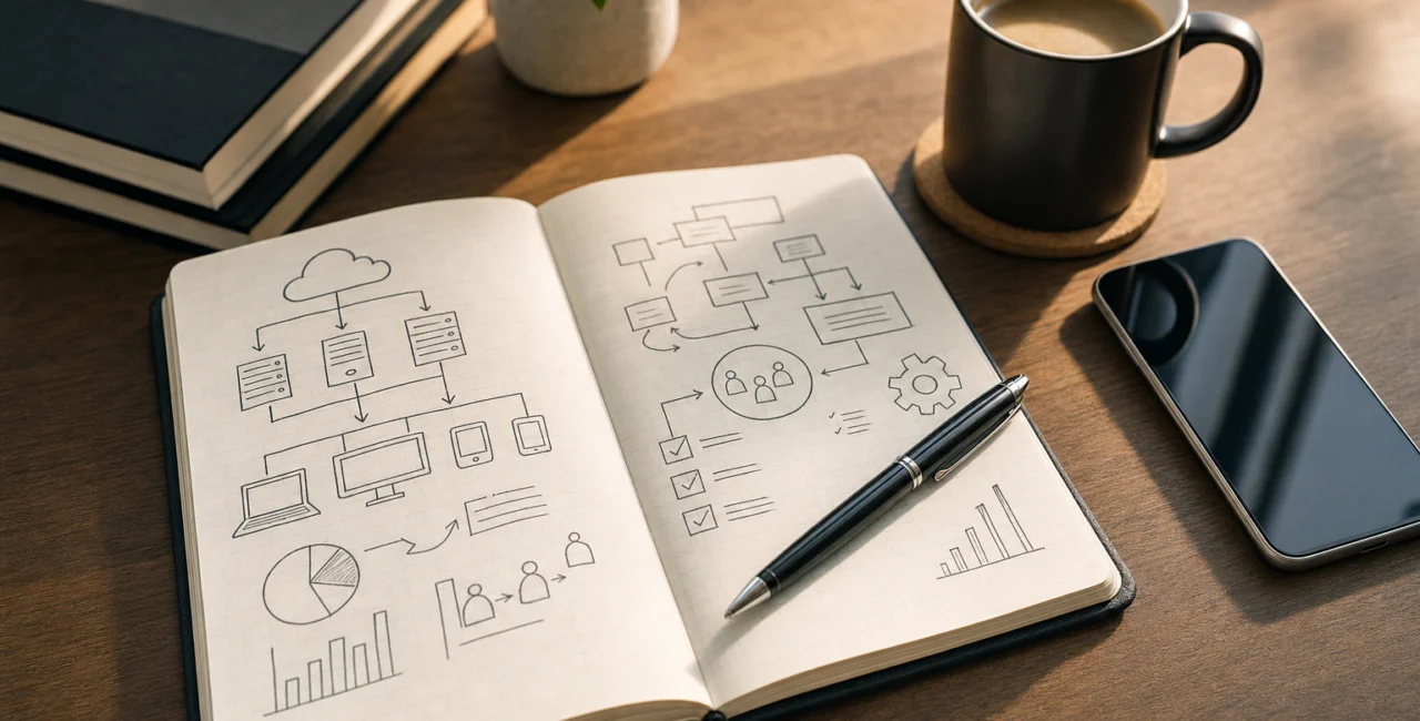 Illustration zum Artikel Strategische IT-Beratung und Projektmanagement, Abschnitt 2: offenes Notizbuch mit IT-Strategieskizzen,Kugelschreiber,Smartphone,Tasse Kaffee,Holztischoberfläche