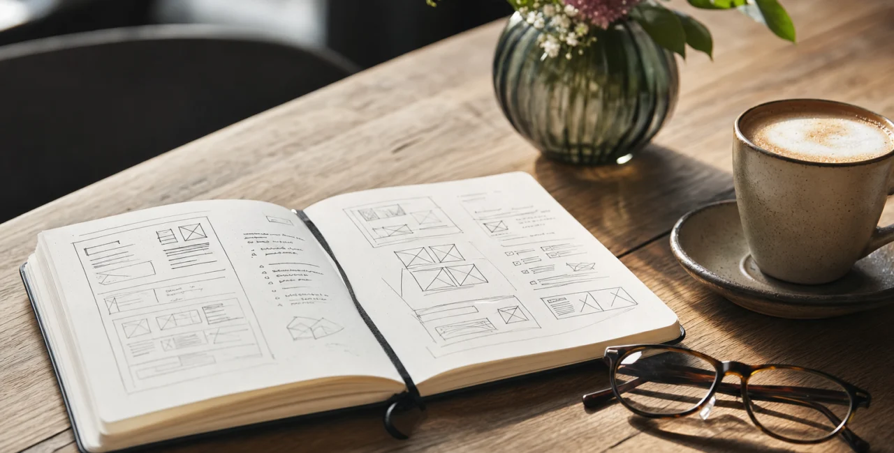 Illustration zum Artikel Webdesign in Köln, Abschnitt 4: Notizbuch mit Skizzen, Brille, Kaffeetasse, Vase mit Blumen