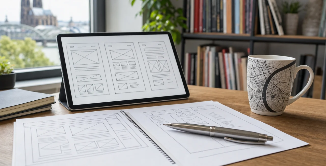 Illustration zum Artikel Webdesign in Köln, Abschnitt 1: Skizzenblätter, Tablet mit Wireframe, Kugelschreiber, Tasse mit Kölner Stadtplan, Regal mit Fachbüchern
