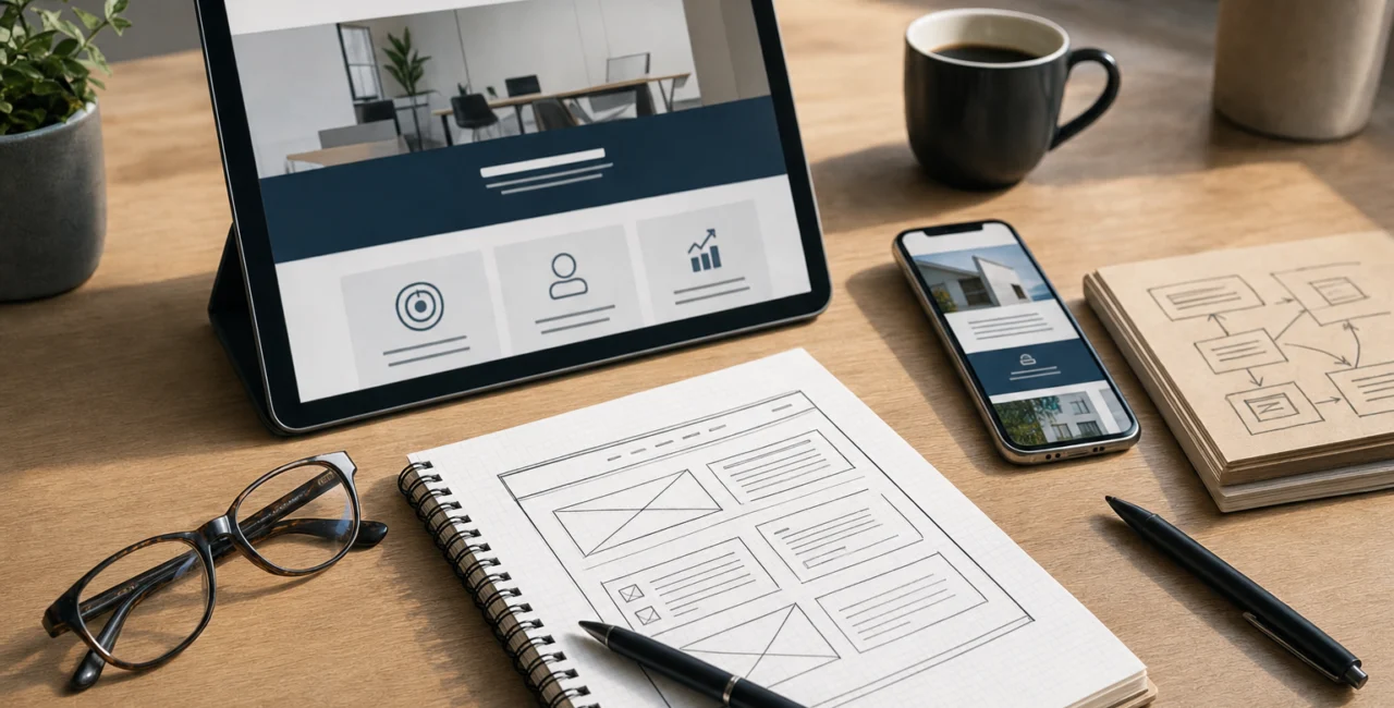 Illustration zum Artikel WordPress Webdesign, Abschnitt 2: Tablet mit Webseite, Smartphone, Notizblätter mit Skizzen, Stift, Brille