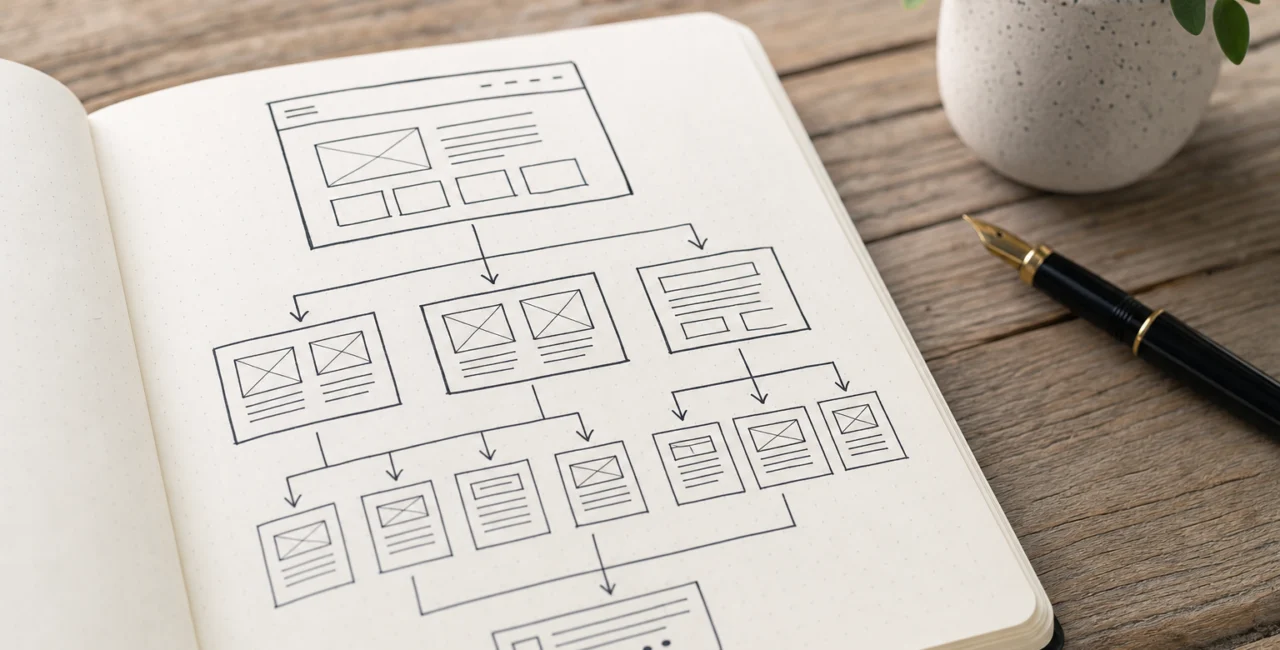 Illustration zum Artikel WordPress Webdesign, Abschnitt 3: Notizbuchseite mit Website Strukturdiagramm, Füllfederhalter, Pflanze