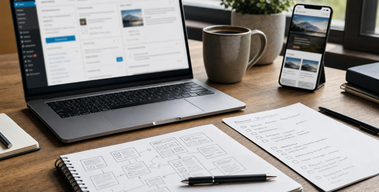 Illustration zum Artikel WordPress Webdesign, Abschnitt 1: Laptop, Smartphone, handschriftliche Notizen, Kaffeetasse, Schreibtisch